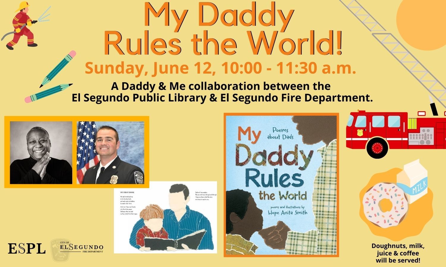 Daddy and Me Storytime w poet laureate and fire fighter June 12 