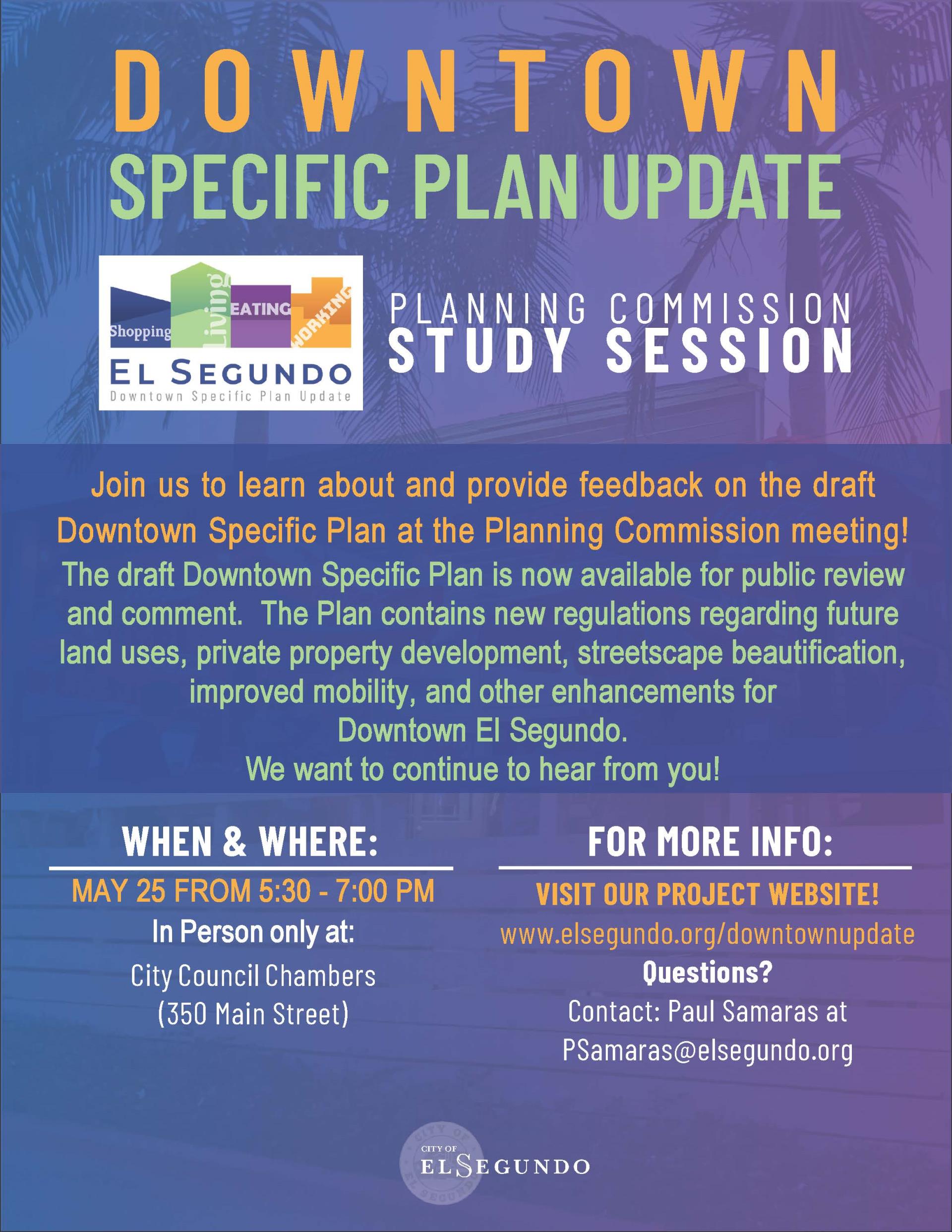 Flyer with details of the Downtown Specific Plan Meeting