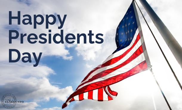 American flag waving on flagpole, words: Happy Presidents Day