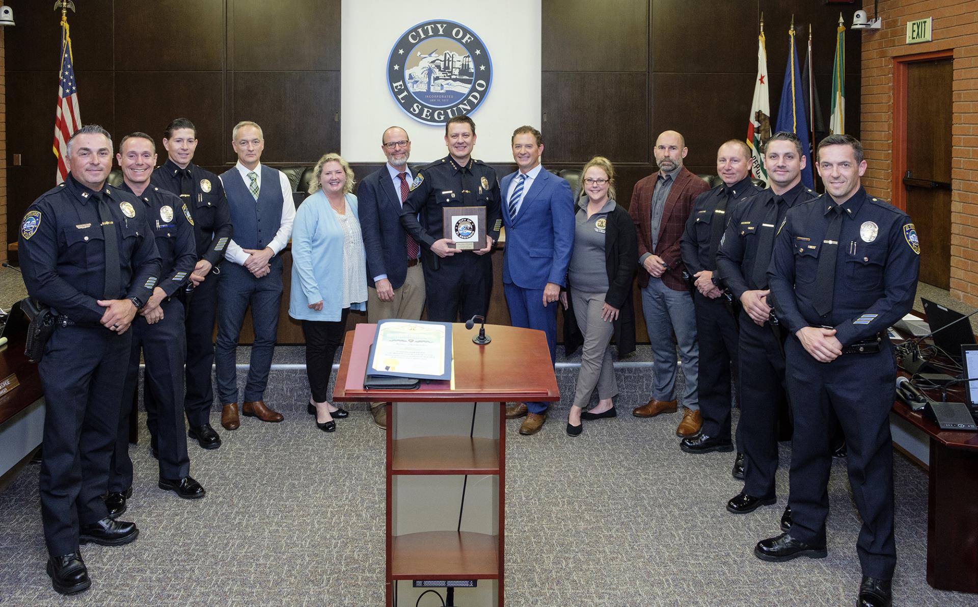 Police Chief Jaime Bermudez with City Council dignitaries and ESPD officers