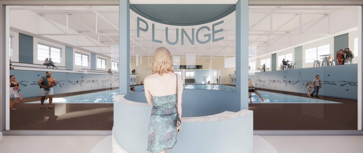 New Plunge check in rendering with check in desk and pool