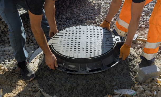 Construction Workers lifting sewer manhole