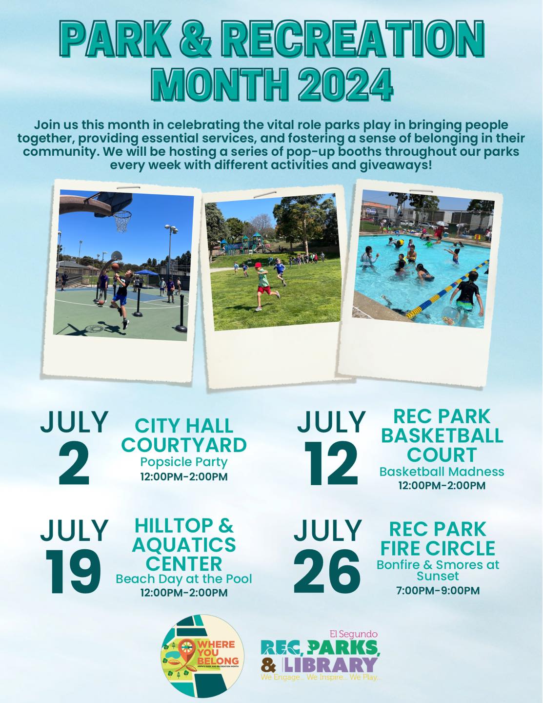 Recreation Parks and Library flyer with list of Juy pop-up events