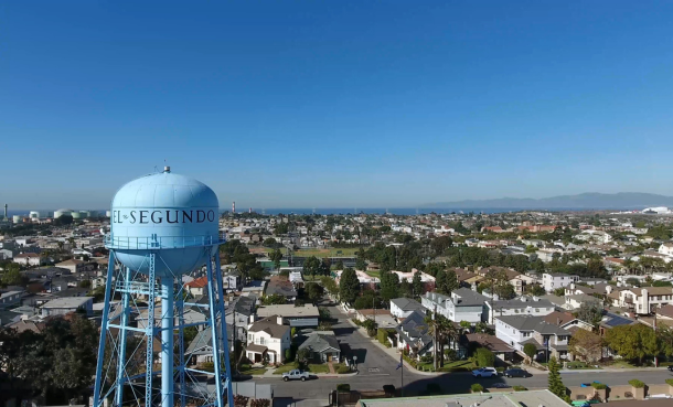 Aerial view of El Segundo Water Tower and residential area