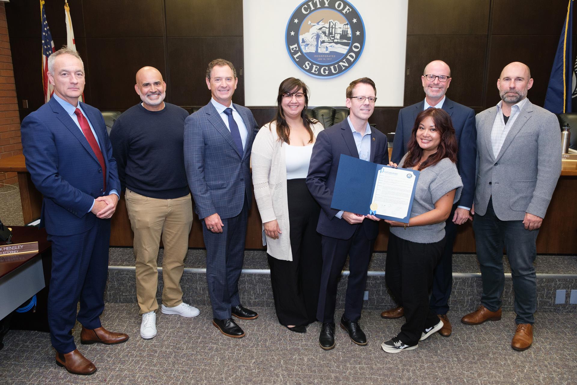 Diversity, Equity, and Inclusion Committee Chair Christibelle Villena, Emily Atmore, Scott Houston and Shad  Mc Fadden, Emily Atmore  accepted United Against Hate Week proclamation.