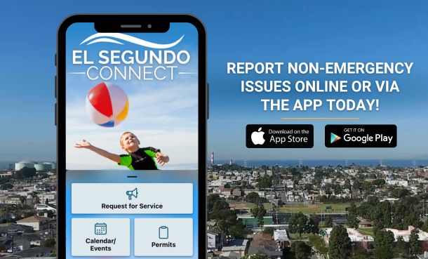 Cityscape of El Segundo with El Segundo Connect logo